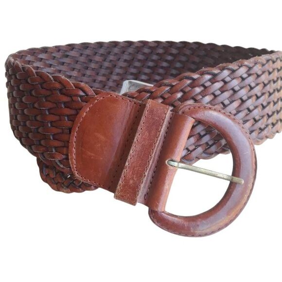 Vtg Nordstrom's Boho Western Braided Leather Basket Weaved 2.5" Wide Belt Brown